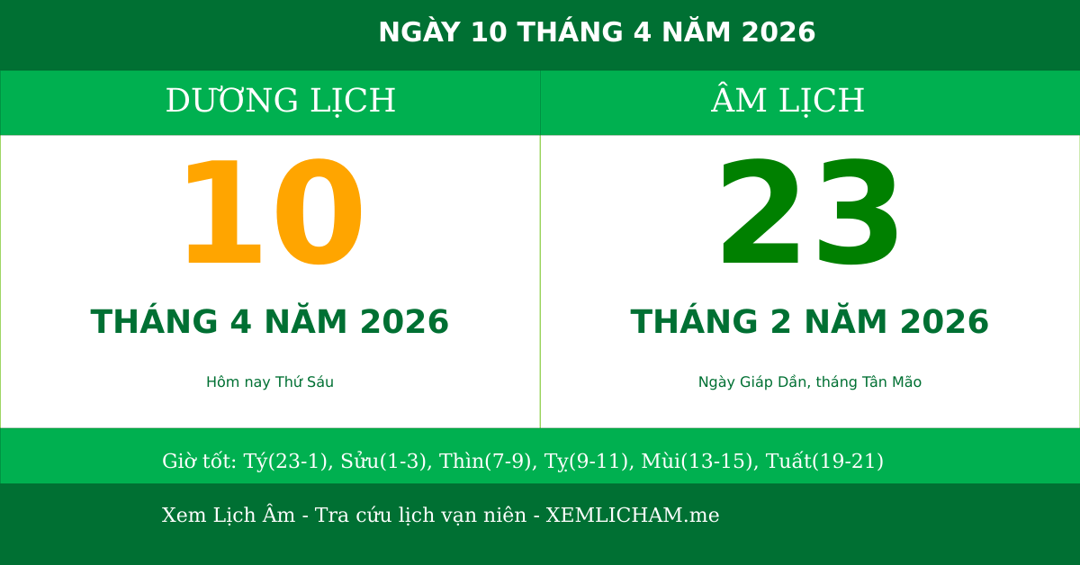 Ngày âm hôm nay ngày 10/4/2026