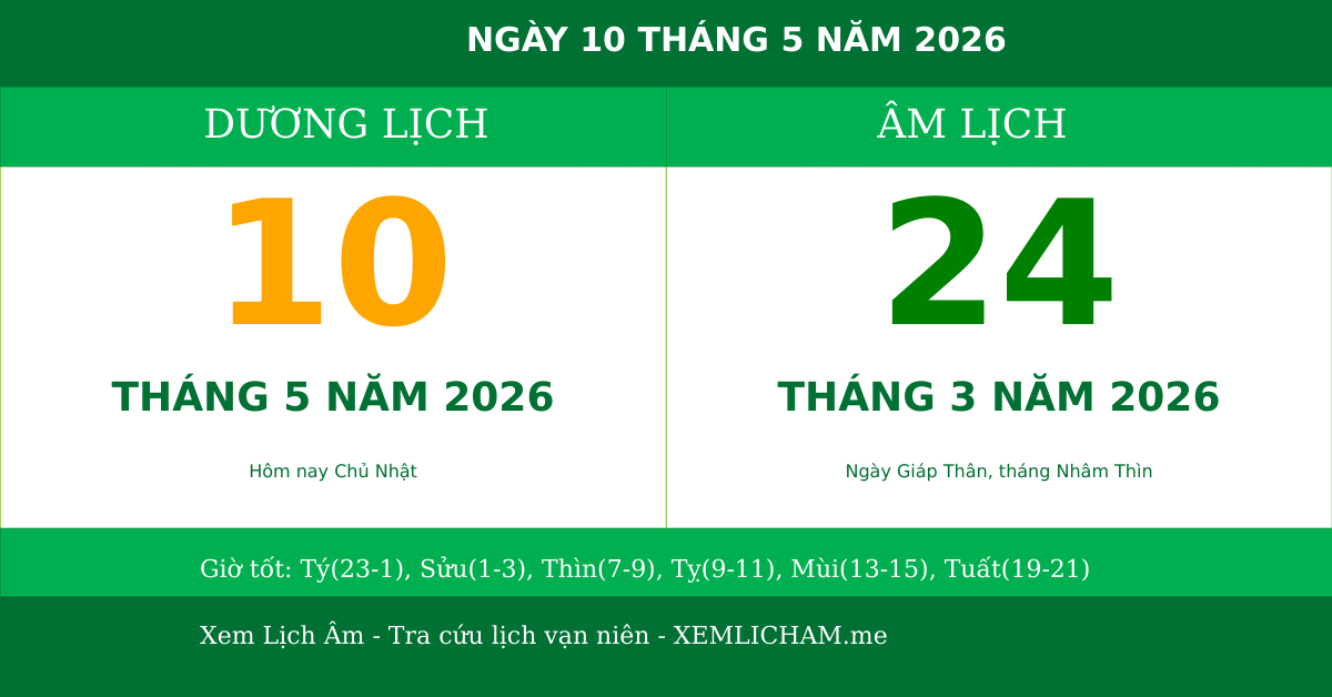 Ngày âm hôm nay ngày 10/5/2026