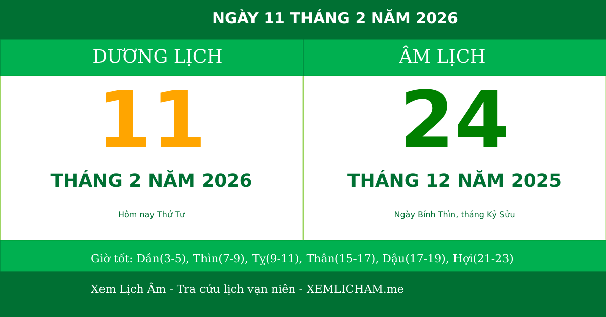 Ngày âm hôm nay ngày 11/2/2026