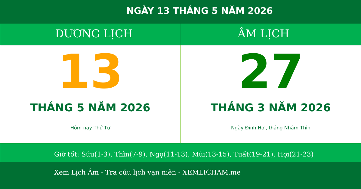 Ngày âm hôm nay ngày 13/5/2026