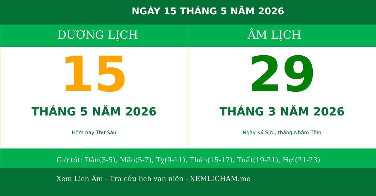 Ngày âm hôm nay ngày 15/5/2026
