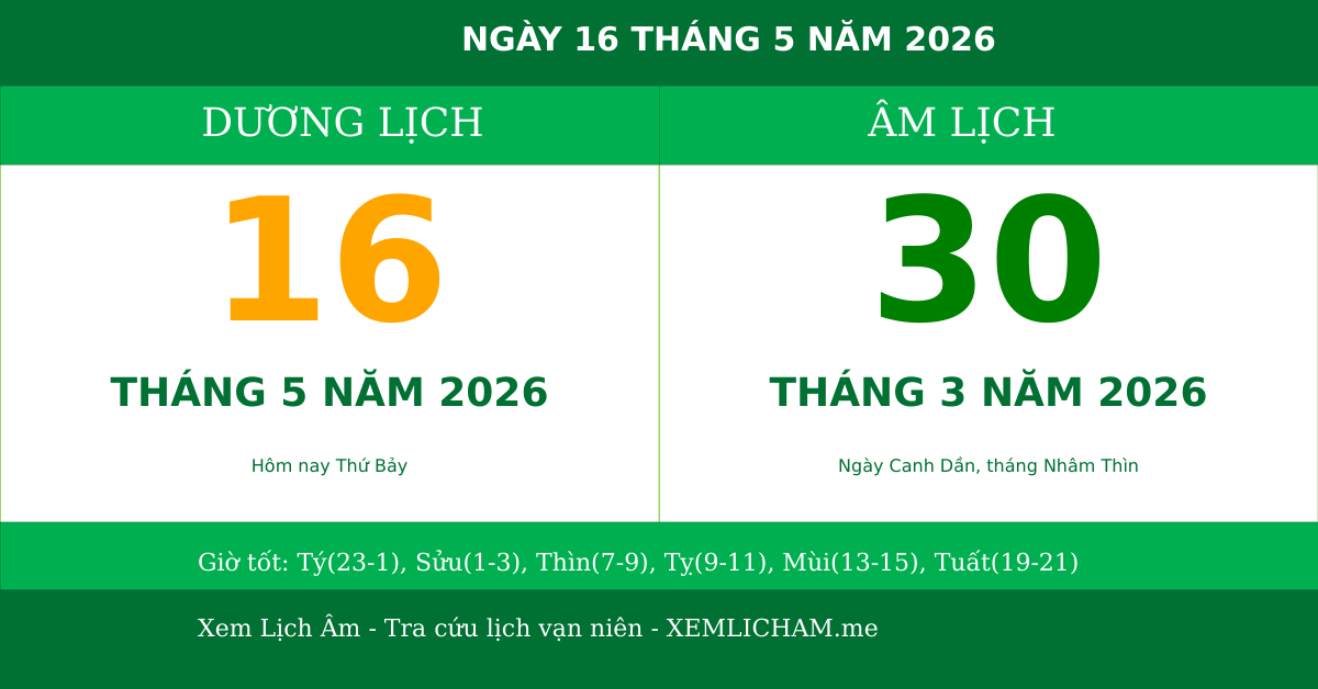 Ngày âm hôm nay ngày 16/5/2026