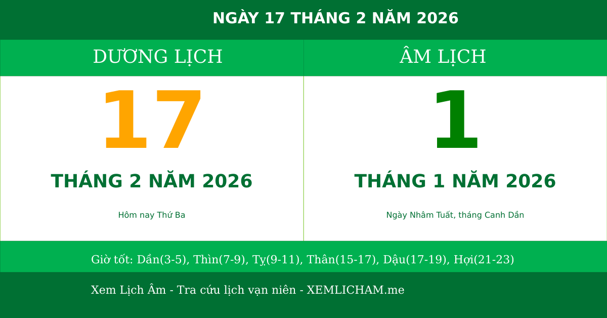 Ngày âm hôm nay ngày 17/2/2026