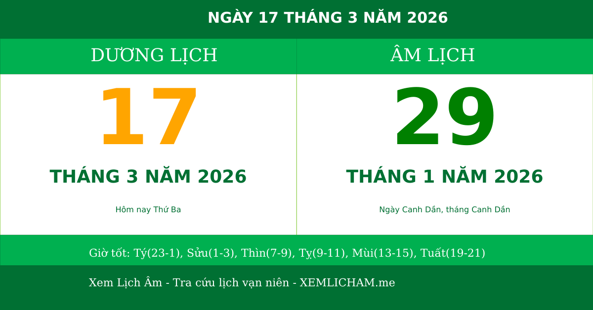 Ngày âm hôm nay ngày 17/3/2026