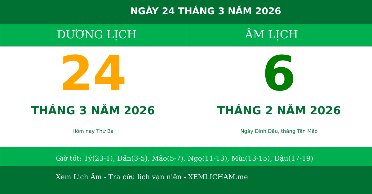 Ngày âm hôm nay ngày 24/3/2026