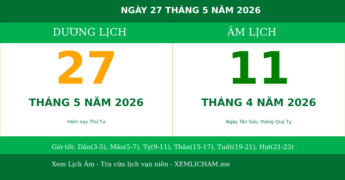 Ngày âm hôm nay ngày 27/5/2026