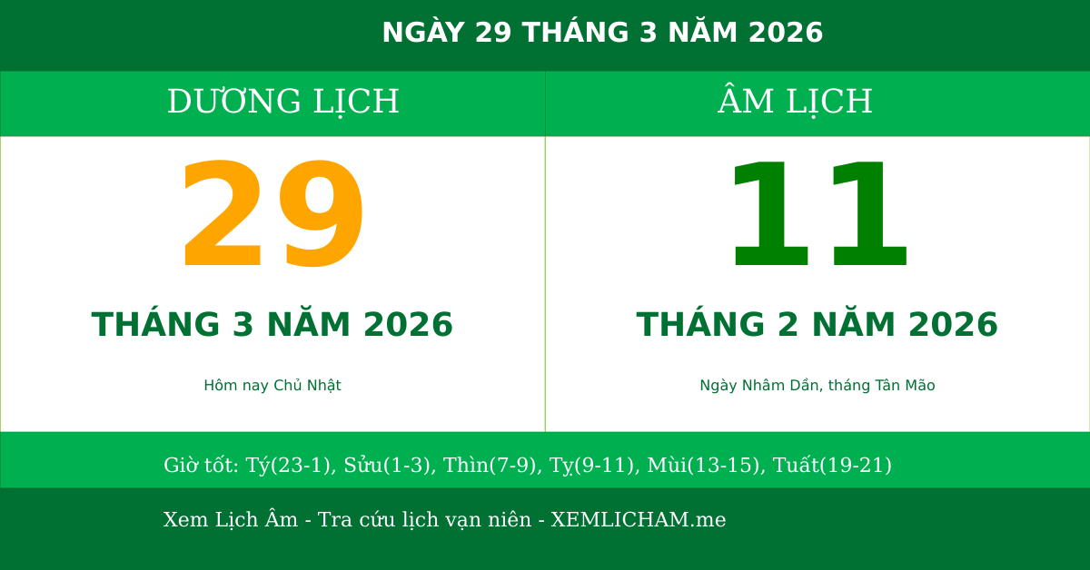 Ngày âm hôm nay ngày 29/3/2026