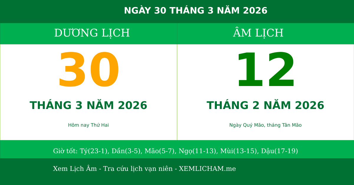Ngày âm hôm nay ngày 30/3/2026