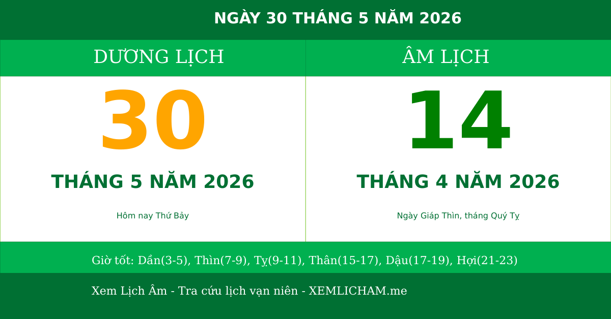 Ngày âm hôm nay ngày 30/5/2026