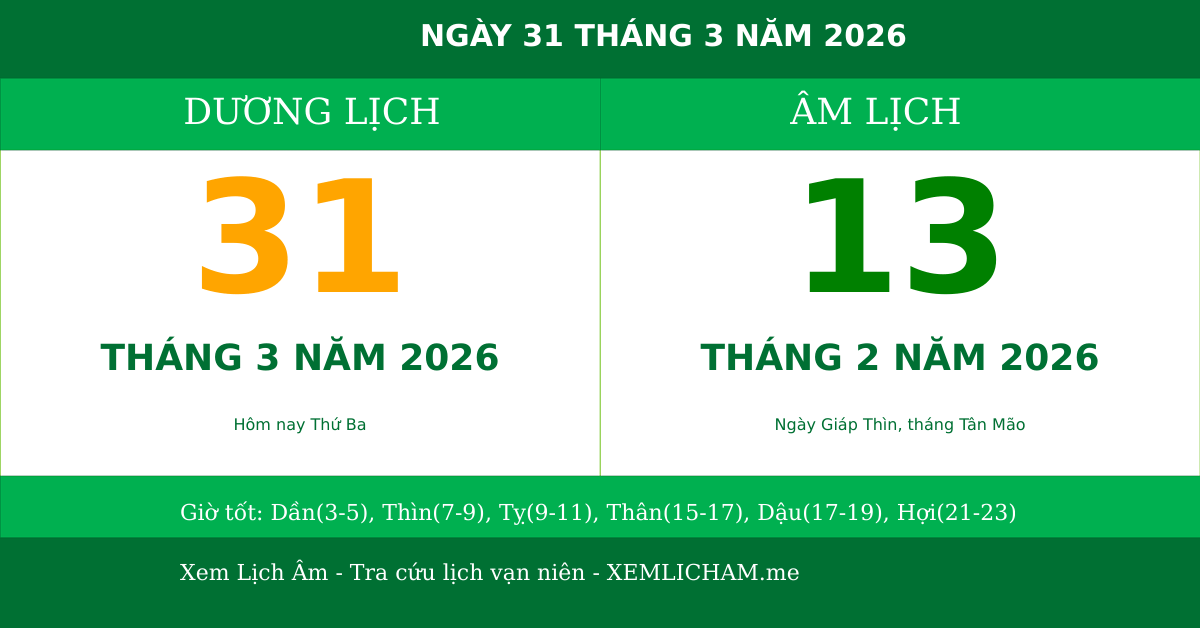 Ngày âm hôm nay ngày 31/3/2026