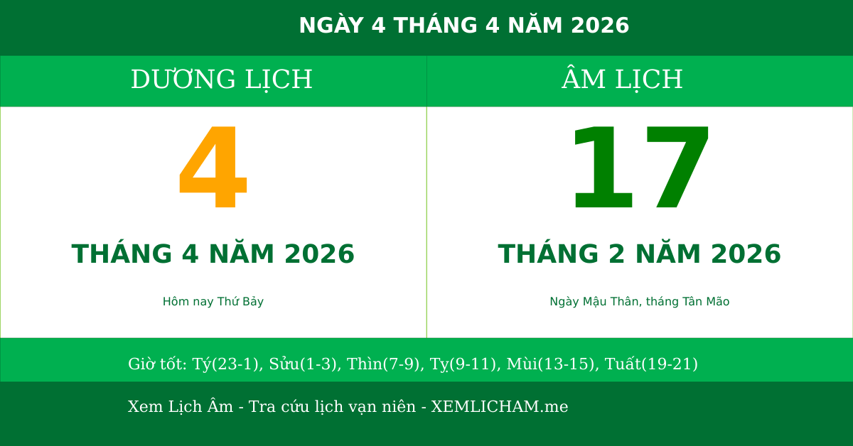Ngày âm hôm nay ngày 4/4/2026