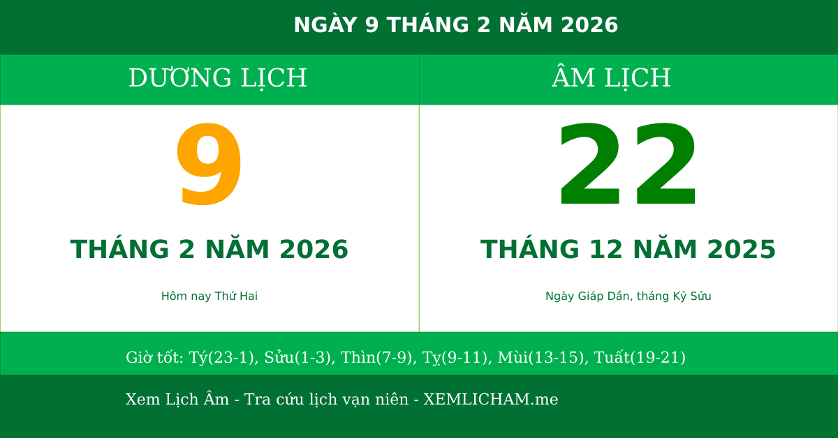 Ngày âm hôm nay ngày 9/2/2026