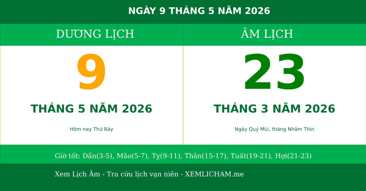 Ngày âm hôm nay ngày 9/5/2026